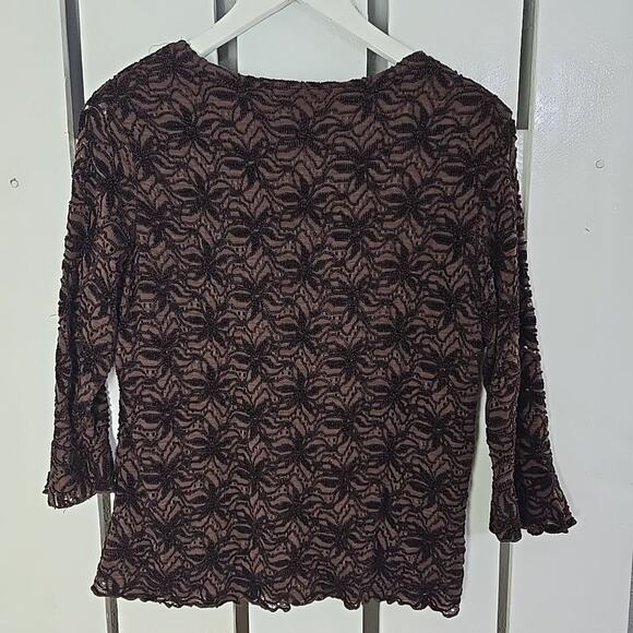 Brittany Black Floral Embroidered Brown Top Flutter Sleeve Large‎ Fairy Grunge - Picture 2 of 8